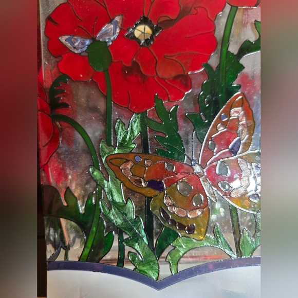 Glass Vase 13in Tall With Flowers And Butterflies Handpainted Heavy Vibrant - Picture 3 of 11